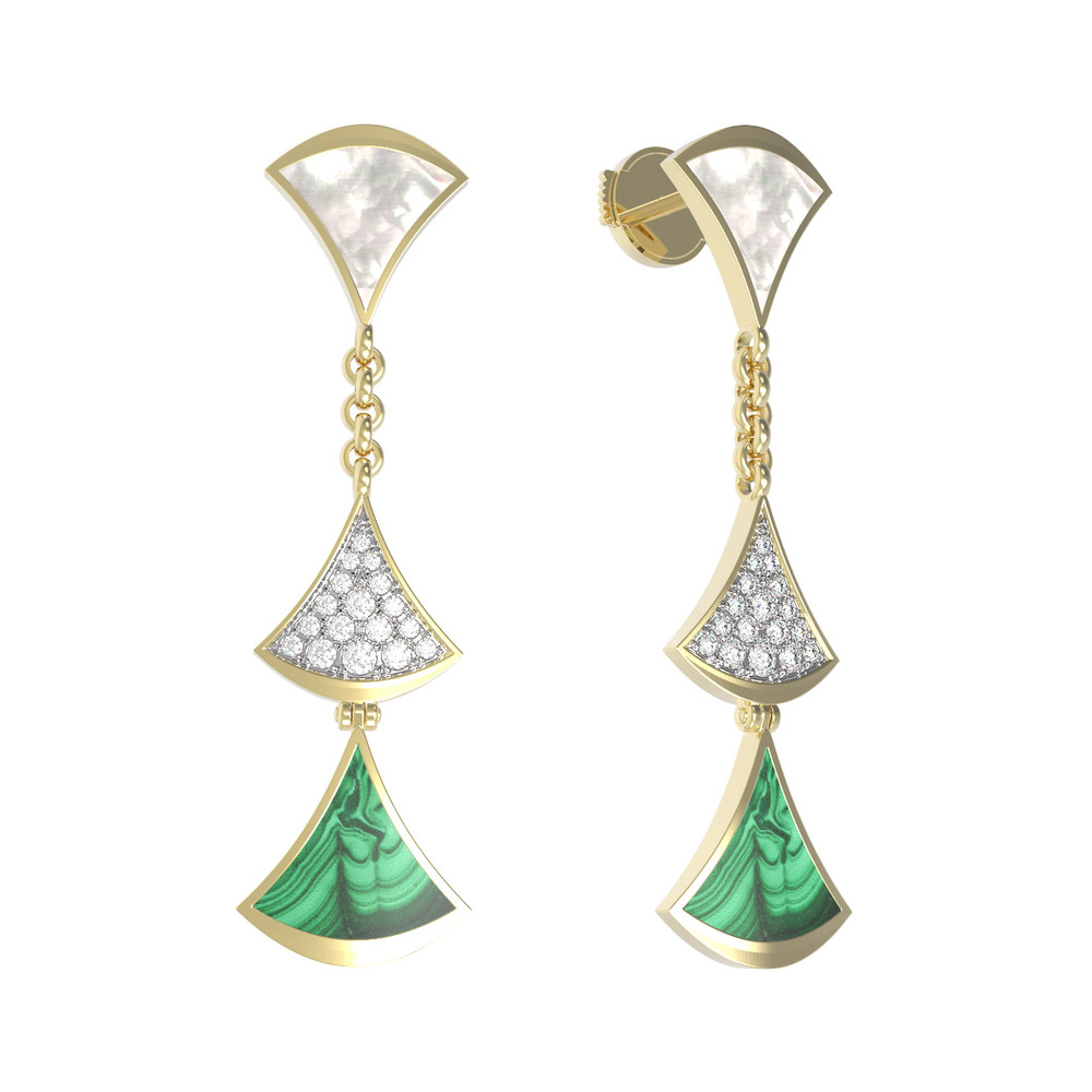 Серьги из лимонного золота c бриллиантами, малахитом и перламутром